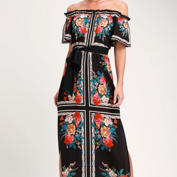 Lulus Trip To Tobago Black Floral Print Off-the-shoulder Maxi Dress - Size M - Picture 2 of 2